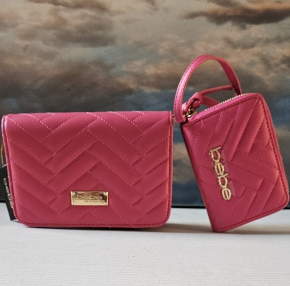 Bebe Fuchsia Quilted Clutch/Crossbody & Wristlet Set NWT